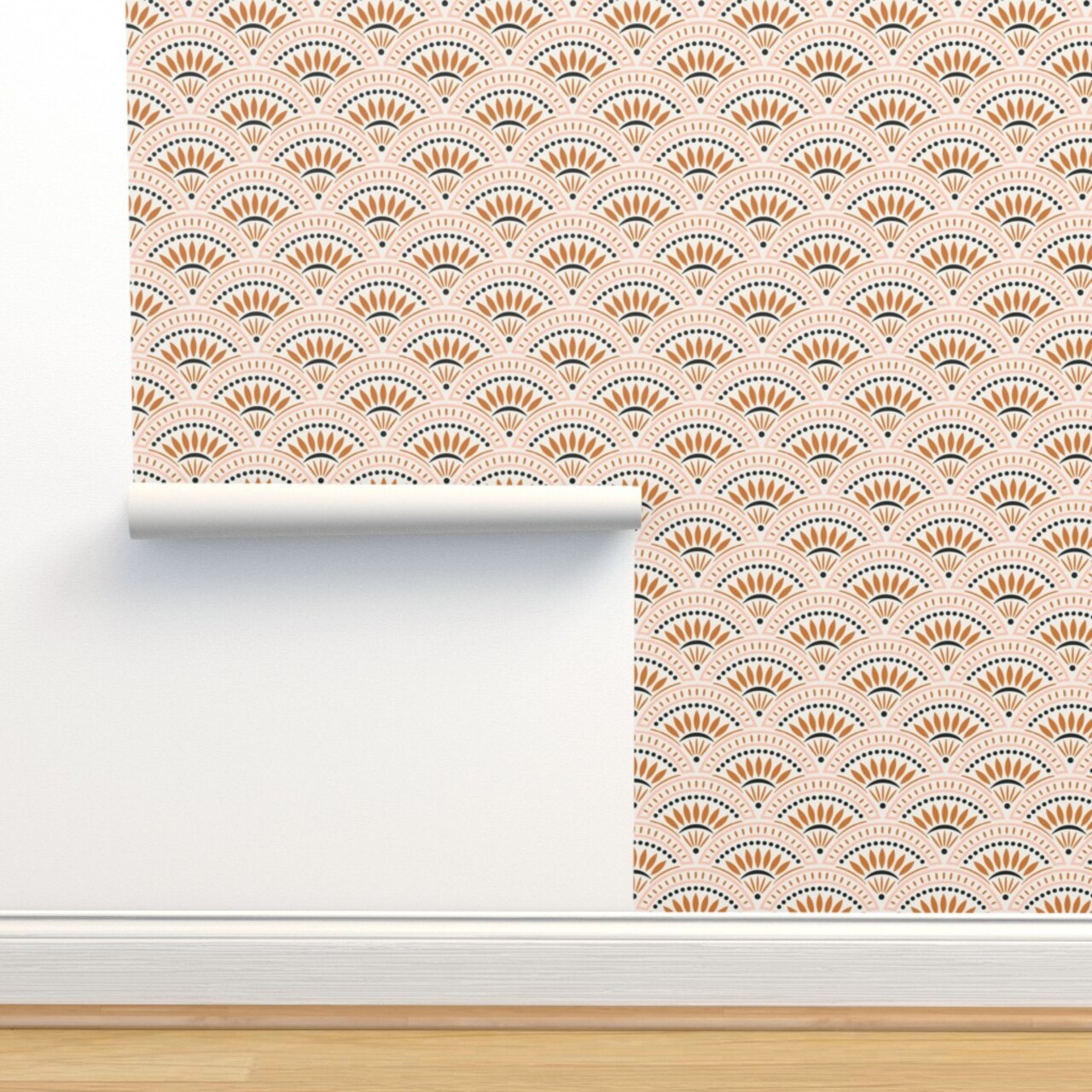 Orange Scales Scallops Fans Geometric Vintage 20'S Medium Scale Art Nouveau Victorian. Custom Removable Wallpaper by Spoonflower Peel & Stick Wallpaper 2FT Wide